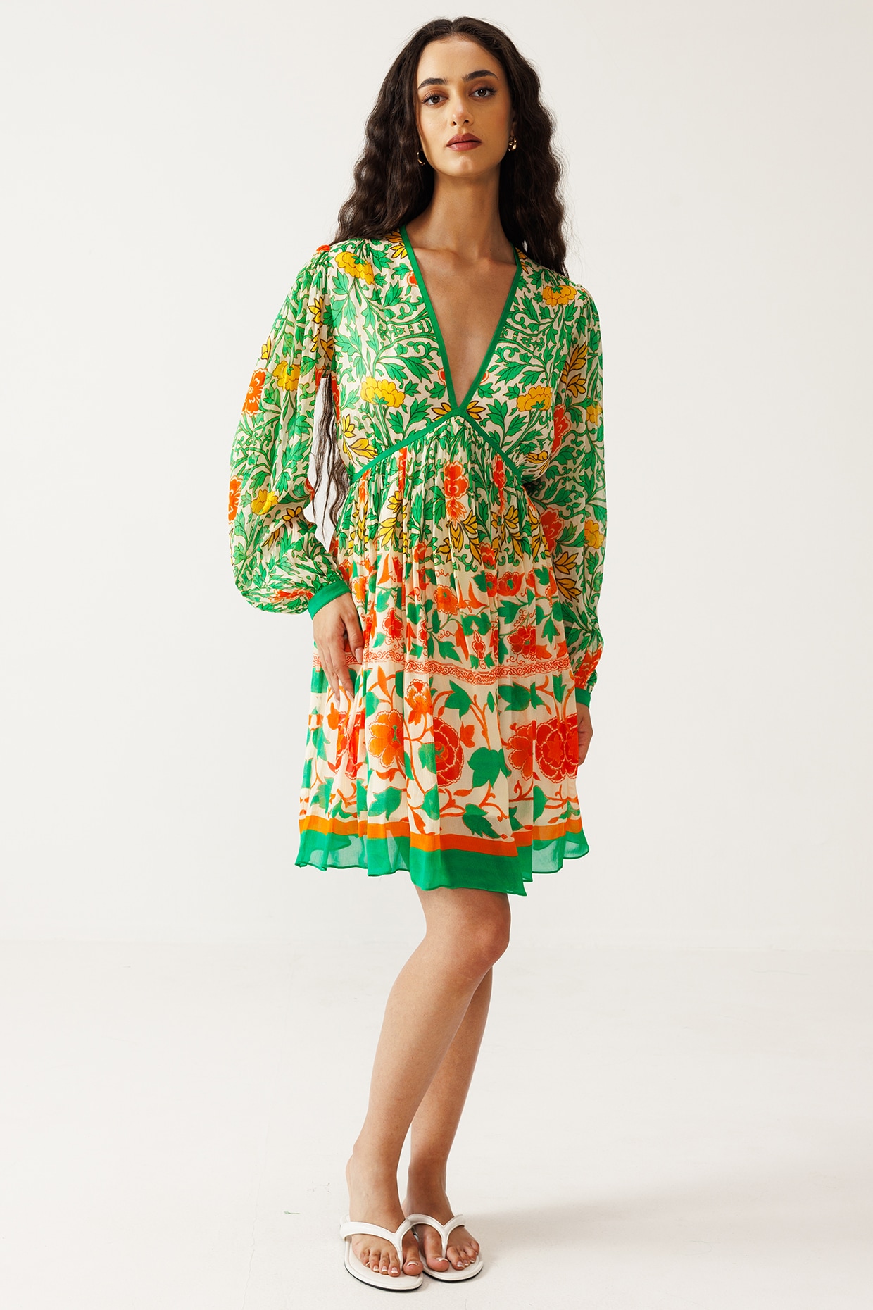 Reena Sharma Green & Orange Viscose Crinkled Chiffon Printed Mini Dress