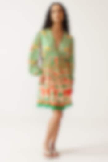Green & Orange Viscose Crinkled Chiffon Printed Mini Summer Dress by Reena Sharma at Pernia's Pop Up Shop