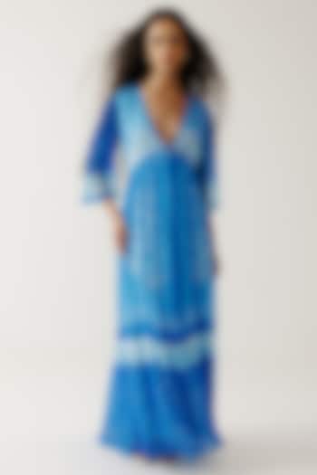 Indigo Viscose Crinkled Chiffon Paisley Printed Maxi Summer Dress by Reena Sharma at Pernia's Pop Up Shop