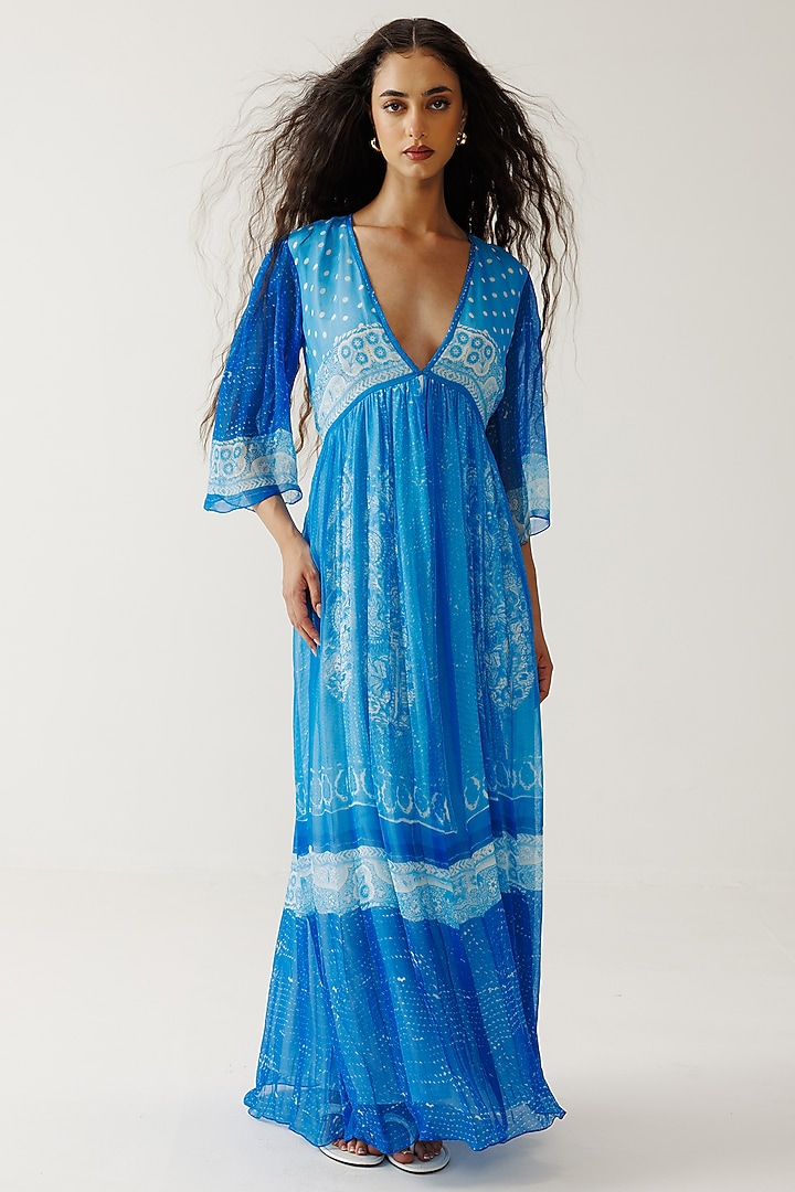 Indigo Viscose Crinkled Chiffon Paisley Printed Maxi Summer Dress by Reena Sharma at Pernia's Pop Up Shop