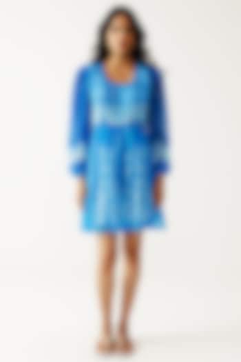 Indigo Viscose Crinkled Chiffon Paisley Printed Mini Summer Dress by Reena Sharma at Pernia's Pop Up Shop