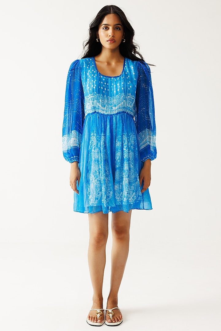 Indigo Viscose Crinkled Chiffon Paisley Printed Mini Summer Dress by Reena Sharma at Pernia's Pop Up Shop
