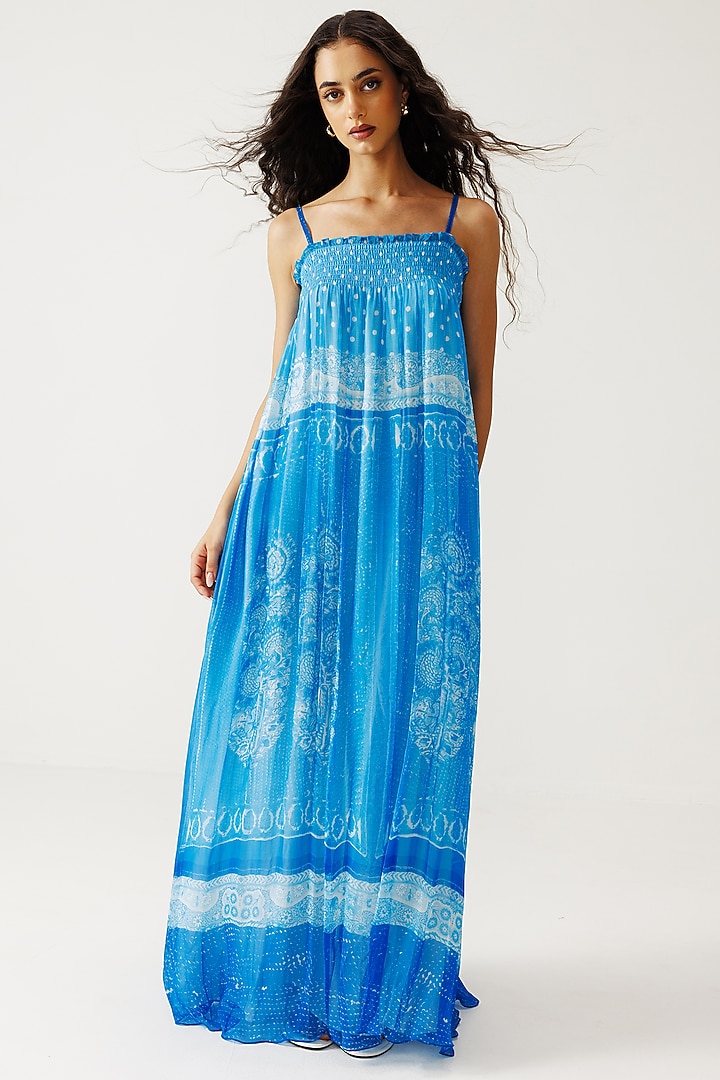 Indigo Viscose Crinkled Chiffon Paisley Printed Maxi Summer Dress by Reena Sharma at Pernia's Pop Up Shop