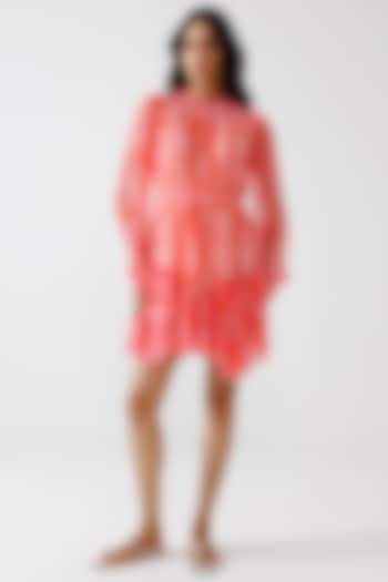 Peach & Red Viscose Crinkled Chiffon Mini Summer Dress by Reena Sharma at Pernia's Pop Up Shop