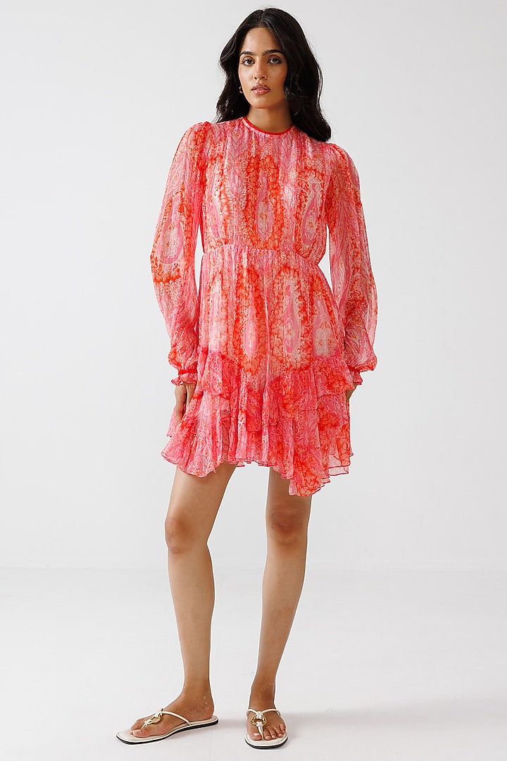 Peach & Red Viscose Crinkled Chiffon Mini Summer Dress by Reena Sharma at Pernia's Pop Up Shop