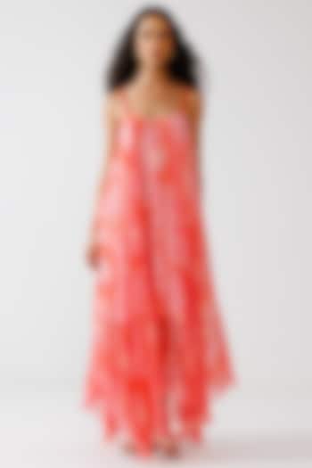 Peach & Red Viscose Crinkled Chiffon Maxi Summer Dress by Reena Sharma at Pernia's Pop Up Shop