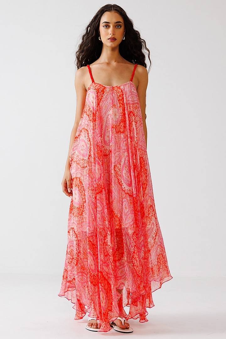 Peach & Red Viscose Crinkled Chiffon Maxi Summer Dress by Reena Sharma at Pernia's Pop Up Shop