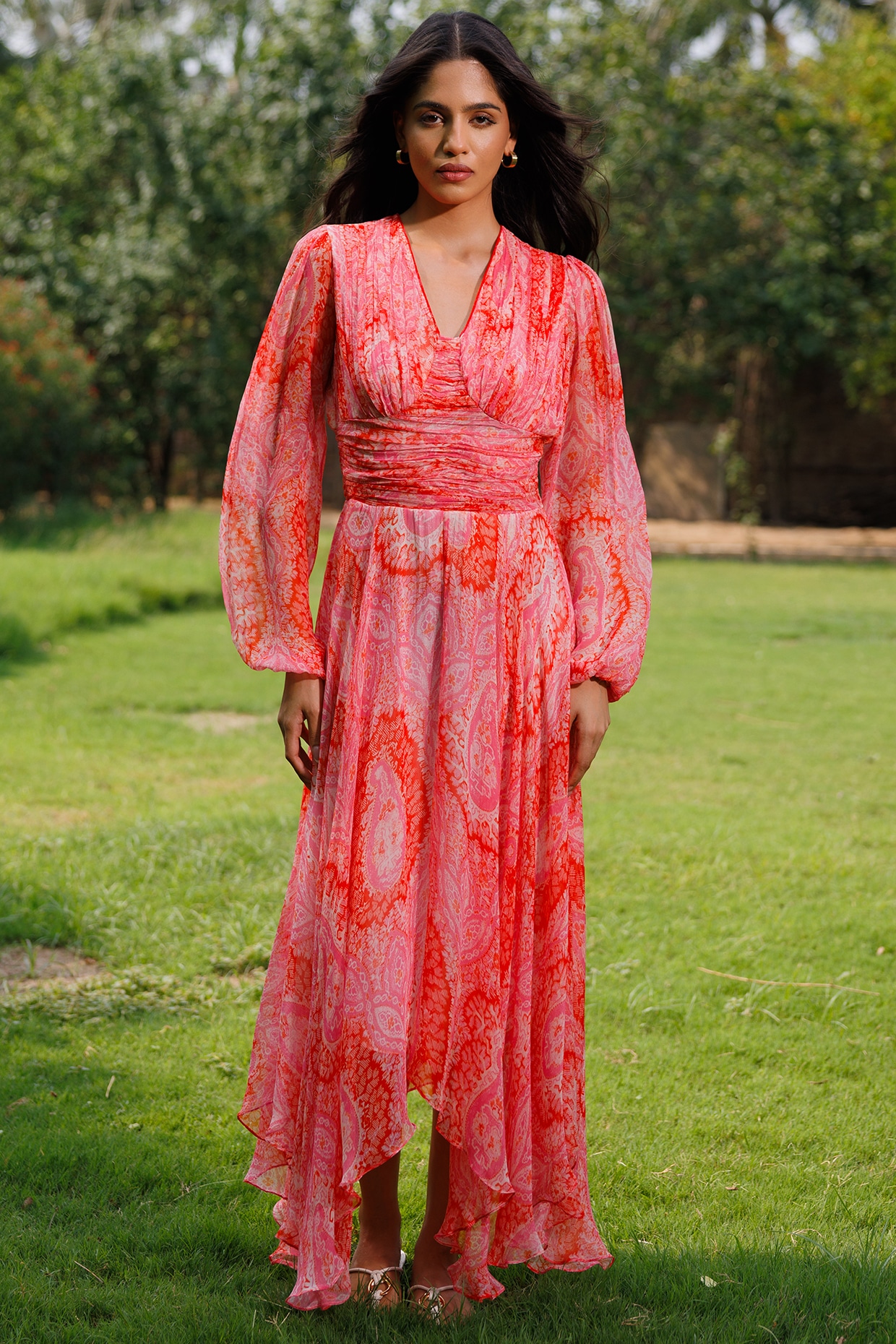 Reena Sharma Peach & Red Viscose Crinkled Chiffon Maxi Dress