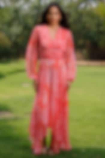Peach & Red Viscose Crinkled Chiffon Maxi Vacation Dress by Reena Sharma at Pernia's Pop Up Shop