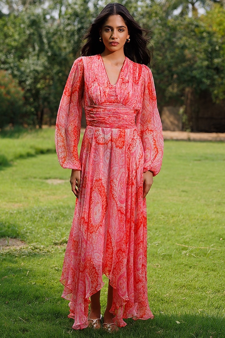 Peach & Red Viscose Crinkled Chiffon Maxi Vacation Dress by Reena Sharma at Pernia's Pop Up Shop
