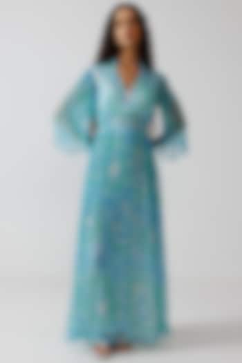 Aqua Green & Blue Viscose Crinkled Chiffon Printed Maxi Summer Dress by Reena Sharma at Pernia's Pop Up Shop