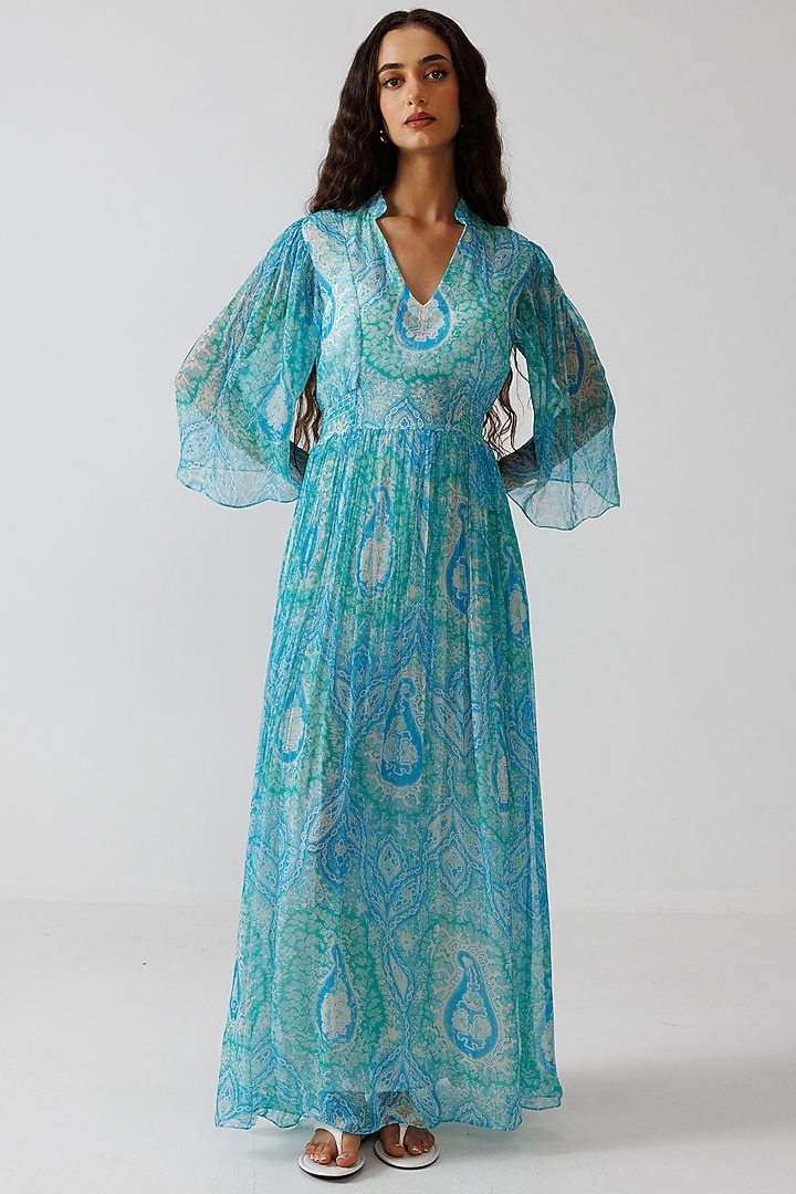 Aqua Green & Blue Viscose Crinkled Chiffon Printed Maxi Summer Dress by Reena Sharma at Pernia's Pop Up Shop