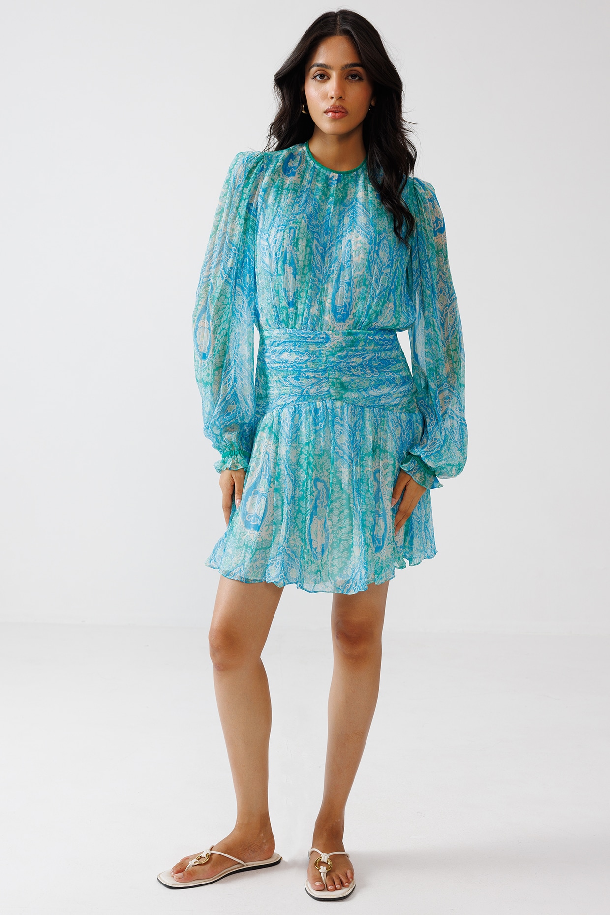 Reena Sharma Aqua Green & Blue Viscose Crinkled Chiffon Mini Dress
