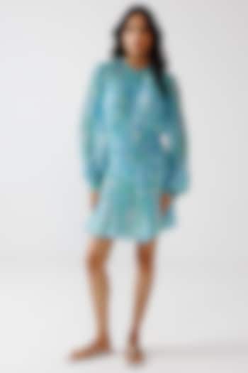 Aqua Green & Blue Viscose Crinkled Chiffon Mini Summer Dress by Reena Sharma at Pernia's Pop Up Shop
