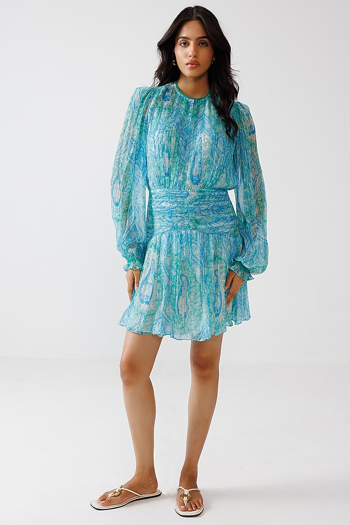 Aqua Green & Blue Viscose Crinkled Chiffon Mini Summer Dress by Reena Sharma at Pernia's Pop Up Shop