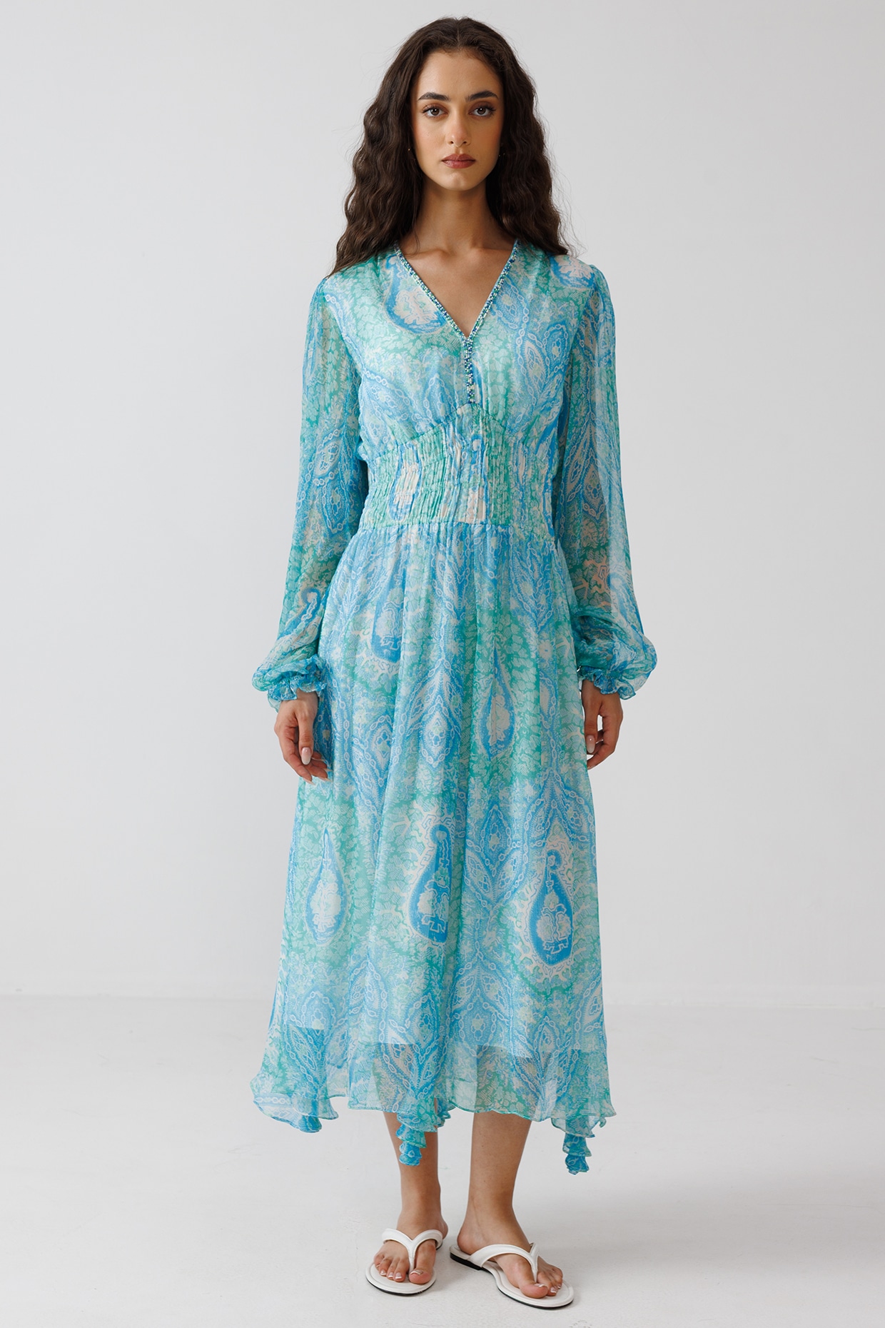 Reena Sharma Aqua Green & Blue Viscose Crinkled Chiffon Midi Dress