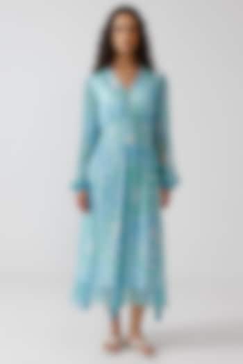Aqua Green & Blue Viscose Crinkled Chiffon Midi Summer Dress by Reena Sharma at Pernia's Pop Up Shop