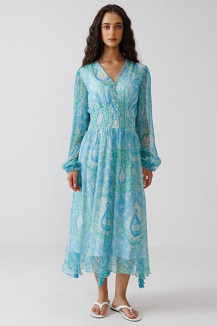 Aqua Green & Blue Viscose Crinkled Chiffon Midi Summer Dress by Reena Sharma at Pernia's Pop Up Shop