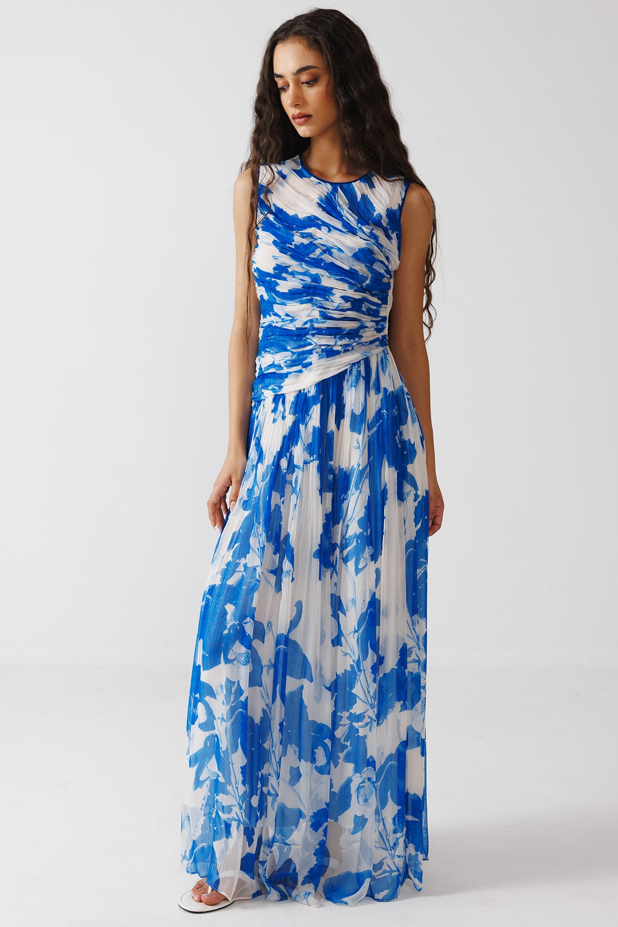 Reena Sharma Blue & White Viscose Crinkled Chiffon Maxi Dress