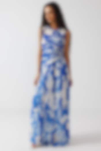 Blue & White Viscose Crinkled Chiffon Maxi Vacation Dress by Reena Sharma at Pernia's Pop Up Shop