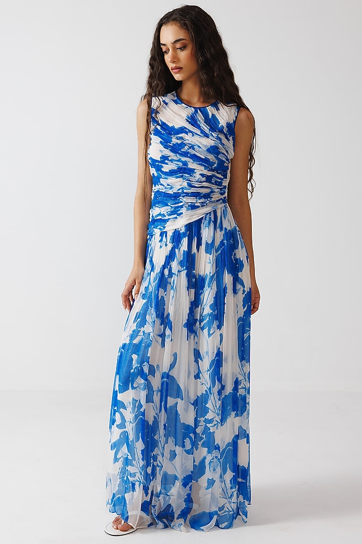 Blue & White Viscose Crinkled Chiffon Maxi Vacation Dress by Reena Sharma at Pernia's Pop Up Shop