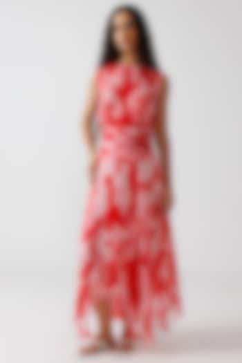 Red & White Viscose Crinkled Chiffon Maxi Vacation Dress by Reena Sharma at Pernia's Pop Up Shop