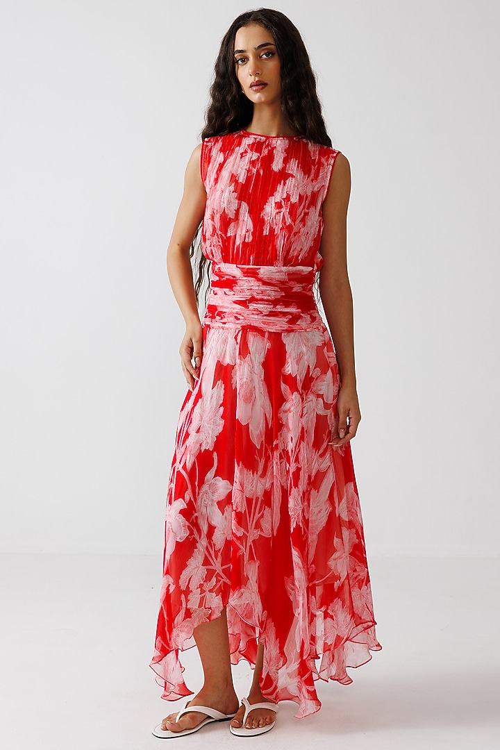 Red & White Viscose Crinkled Chiffon Maxi Vacation Dress by Reena Sharma at Pernia's Pop Up Shop