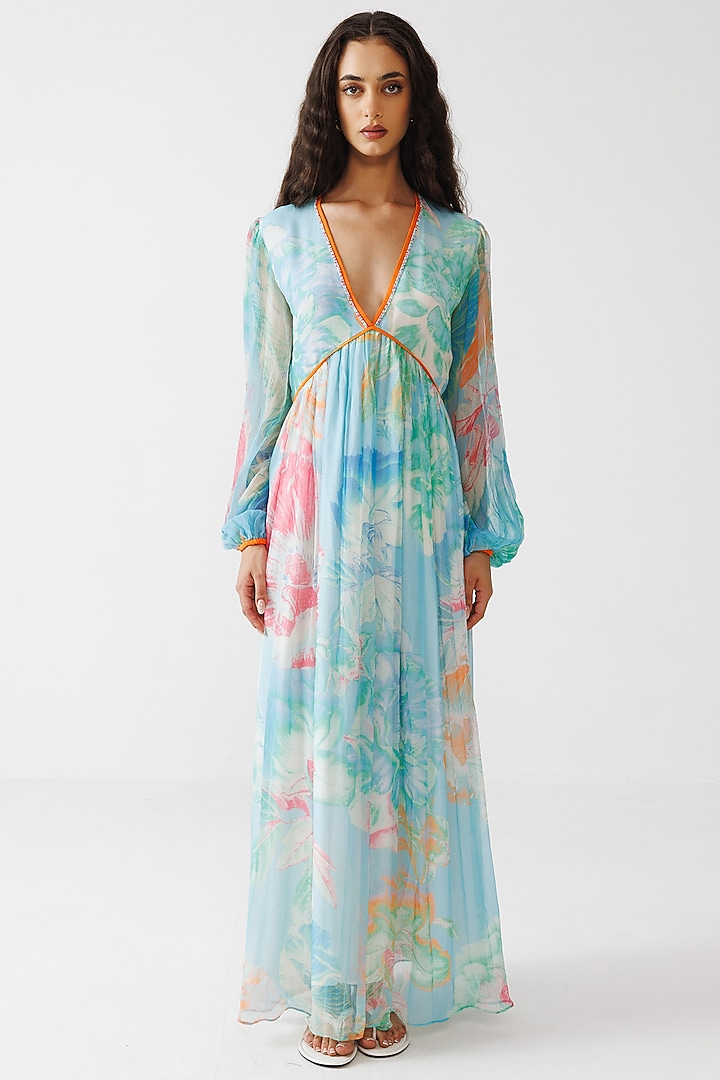Sky Blue Viscose Crinkled Chiffon Maxi Summer Dress by Reena Sharma at Pernia's Pop Up Shop