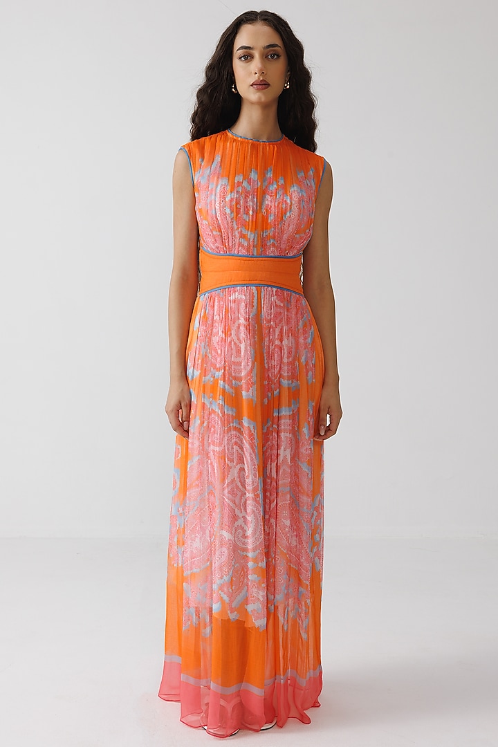 Orange Bamberg Georgette Sleeveless Maxi Vacation Dress by Reena Sharma at Pernia's Pop Up Shop