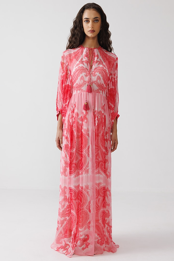Pink Viscose Crinkled Chiffon Maxi Vacation Dress by Reena Sharma at Pernia's Pop Up Shop
