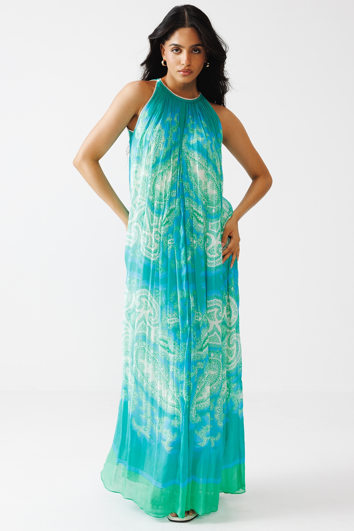 Reena Sharma Aqua Green & Blue Viscose Crinkled Chiffon Halter Maxi Dress