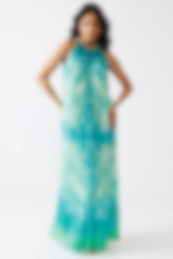 Aqua Green & Blue Viscose Crinkled Chiffon Halter Maxi Summer Dress by Reena Sharma at Pernia's Pop Up Shop