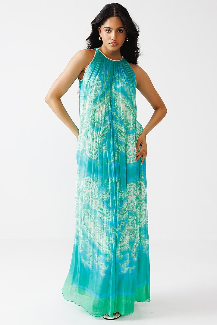Aqua Green & Blue Viscose Crinkled Chiffon Halter Maxi Summer Dress by Reena Sharma at Pernia's Pop Up Shop