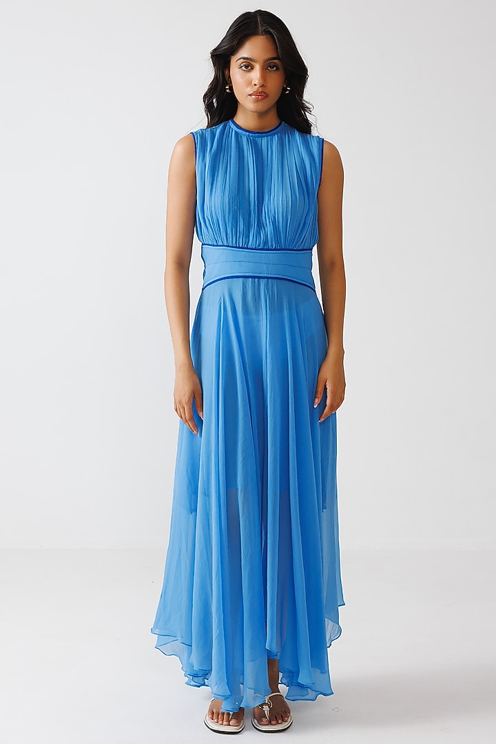 Blue Bamberg Georgette Sleeveless Maxi Summer Dress by Reena Sharma at Pernia's Pop Up Shop
