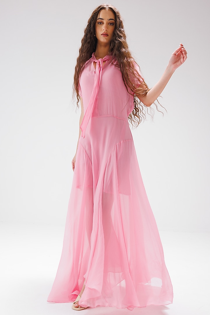 Rose Pink Bamberg Georgette Paneled Maxi Summer Dress by Reena Sharma at Pernia's Pop Up Shop