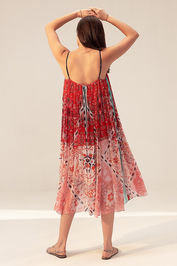 Red & Pink Bemberg Chiffon Placement Printed Midi Summer Dress by Reena Sharma at Pernia's Pop Up Shop