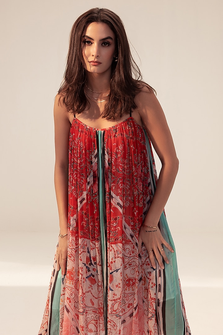 Red & Pink Bemberg Chiffon Placement Printed Midi Summer Dress by Reena Sharma at Pernia's Pop Up Shop