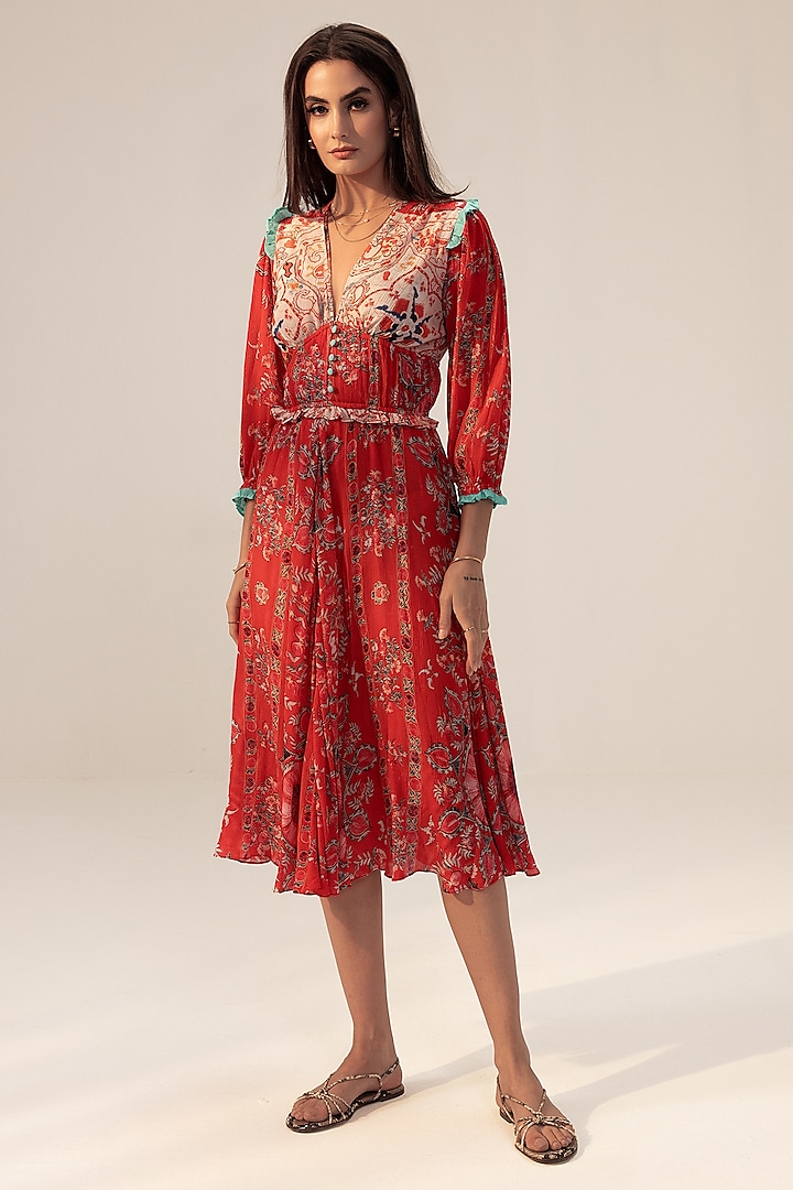 Red Bemberg Georgette Placement Printed Midi Dress by Reena Sharma