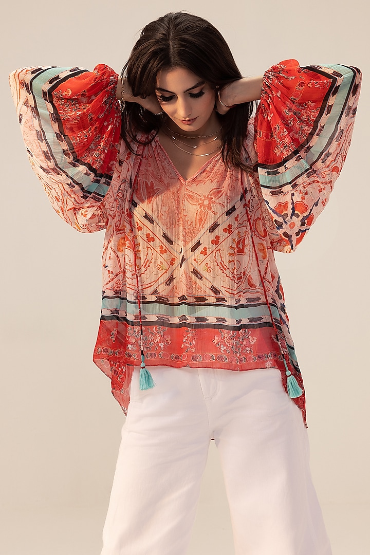 Pink Bemberg Chiffon Placement Printed Boho Top by Reena Sharma at Pernia's Pop Up Shop