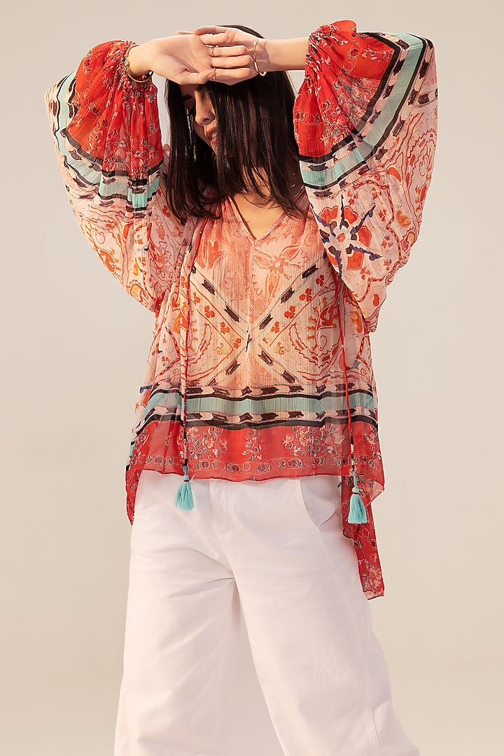 Pink Bemberg Chiffon Placement Printed Boho Top by Reena Sharma at Pernia's Pop Up Shop
