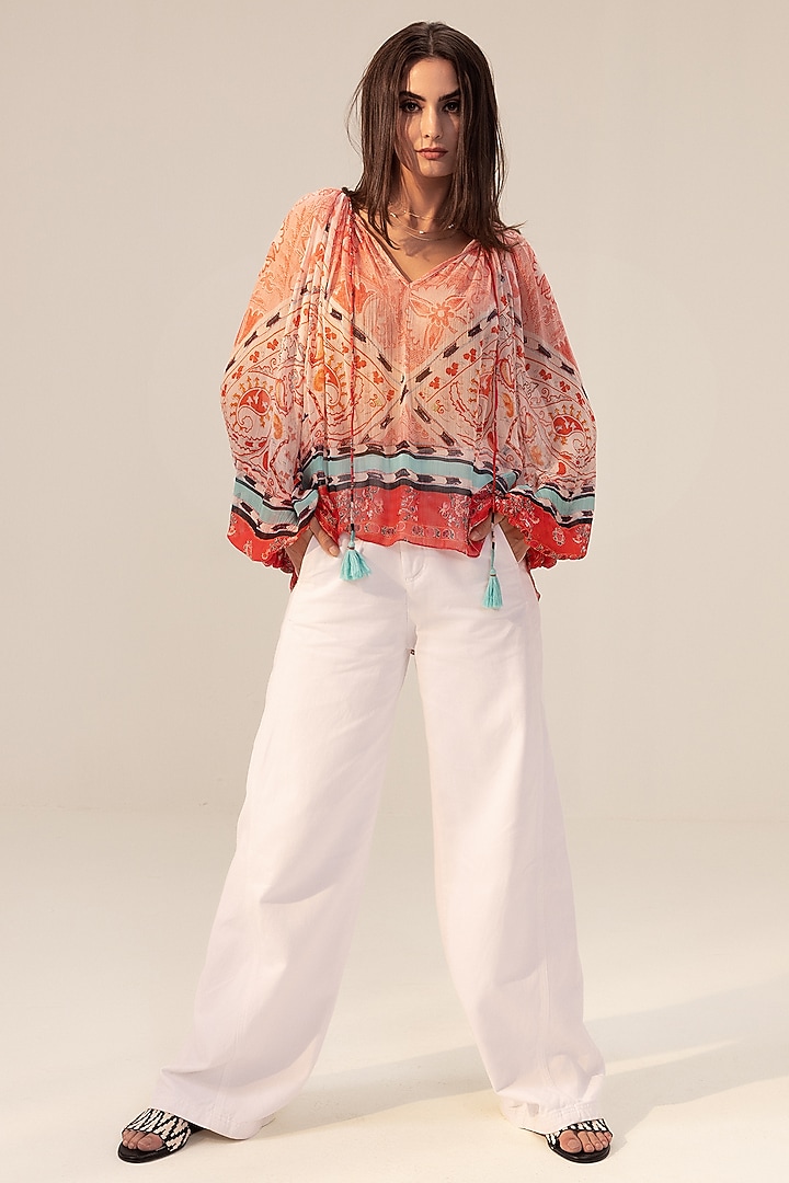Pink Bemberg Chiffon Placement Printed Boho Top by Reena Sharma at Pernia's Pop Up Shop