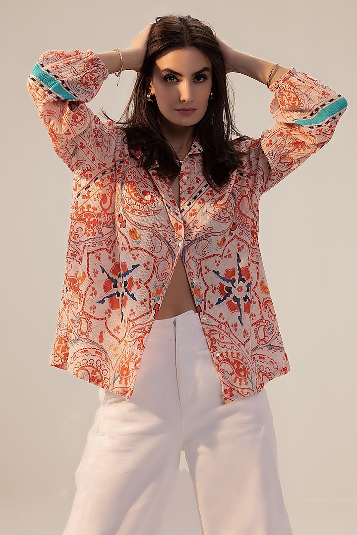 Pink Pure Cotton Crepe Placement Printed Shirt by Reena Sharma
