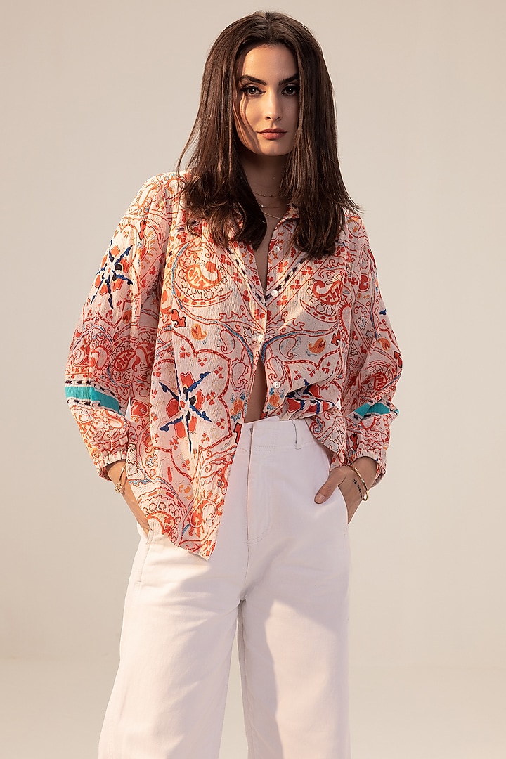 Pink Pure Cotton Crepe Placement Printed Shirt by Reena Sharma at Pernia's Pop Up Shop
