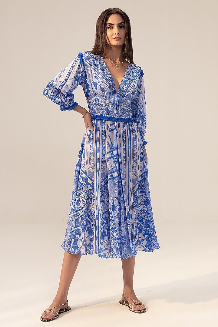Blue Bemberg Georgette Placement Printed Midi Dress by Reena Sharma
