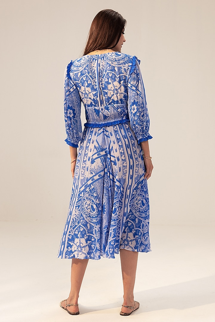 Blue Bemberg Georgette Placement Printed Midi Summer Dress by Reena Sharma at Pernia's Pop Up Shop