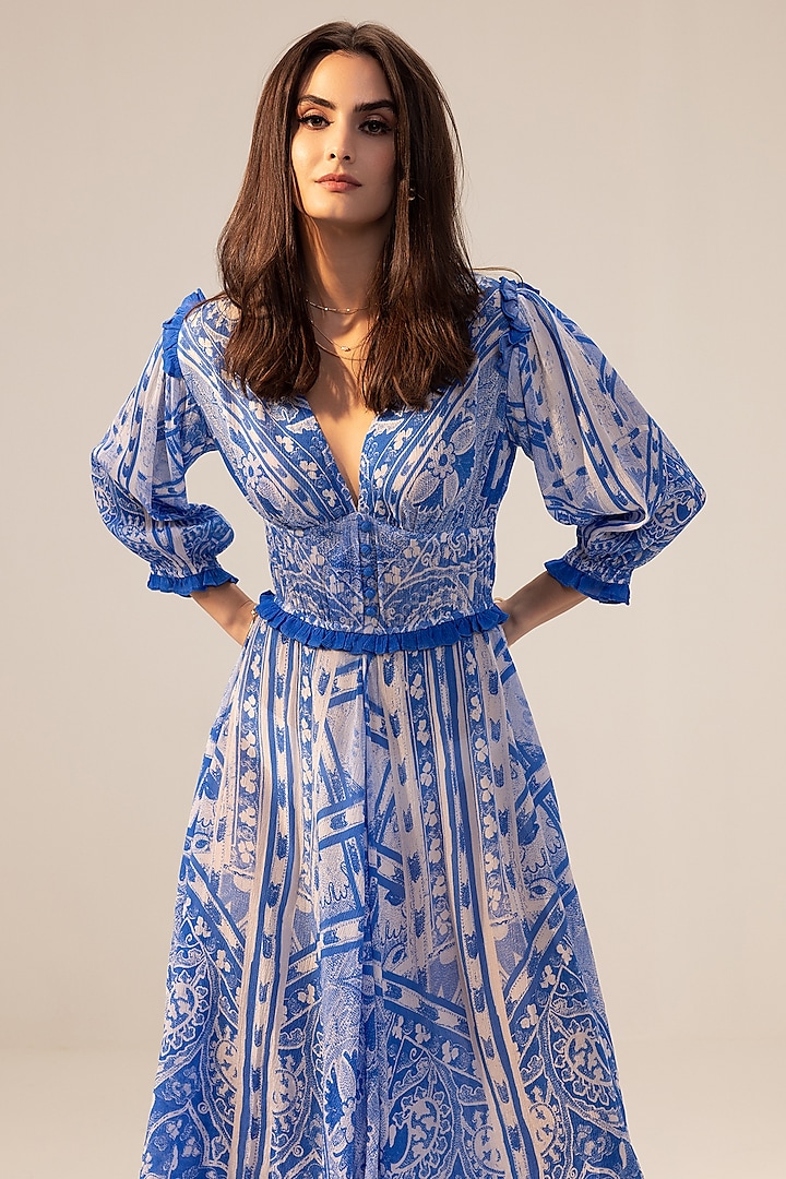 Blue Bemberg Georgette Placement Printed Midi Summer Dress by Reena Sharma at Pernia's Pop Up Shop