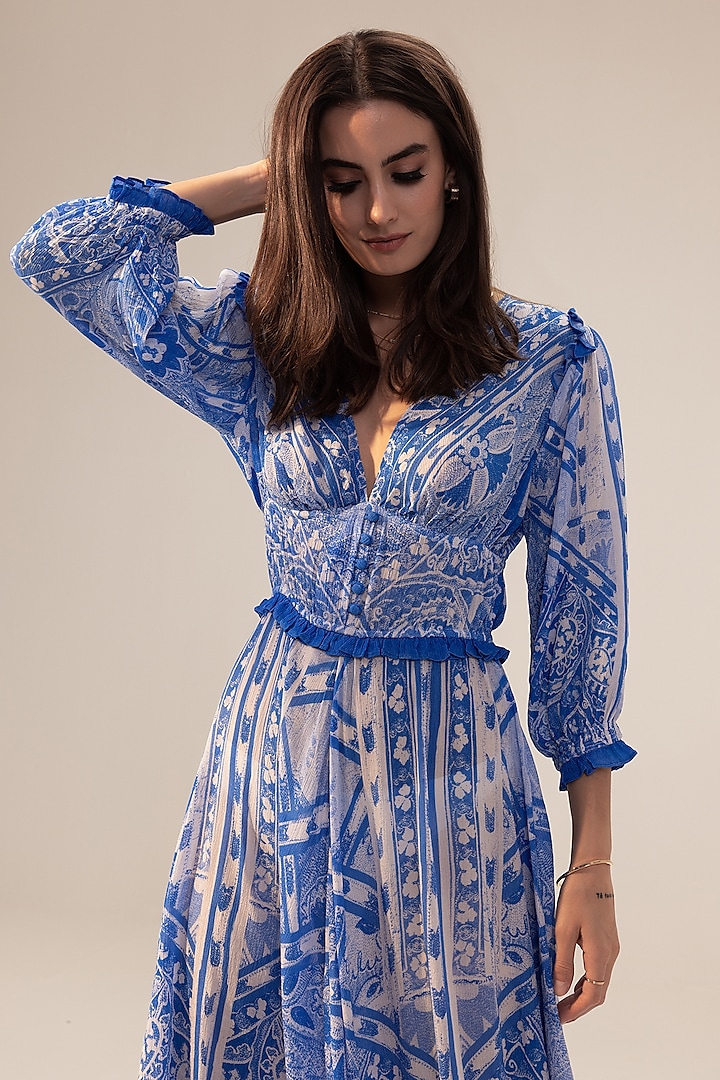 Blue Bemberg Georgette Placement Printed Midi Summer Dress by Reena Sharma at Pernia's Pop Up Shop