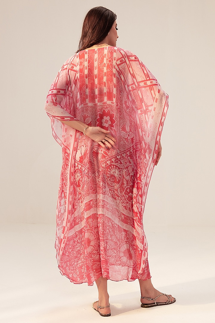 Pink Bemberg Georgette Placement Printed Kaftan by Reena Sharma at Pernia's Pop Up Shop