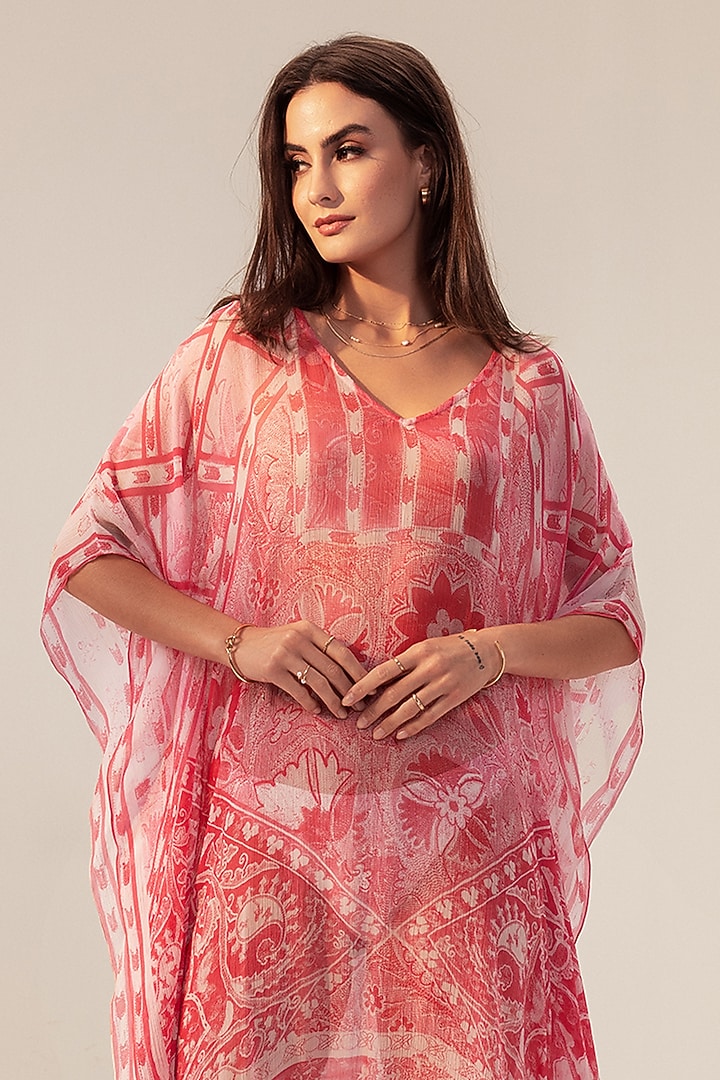 Pink Bemberg Georgette Placement Printed Kaftan by Reena Sharma at Pernia's Pop Up Shop