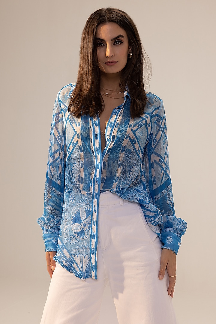 Blue Bemberg Georgette Placement Printed Shirt by Reena Sharma